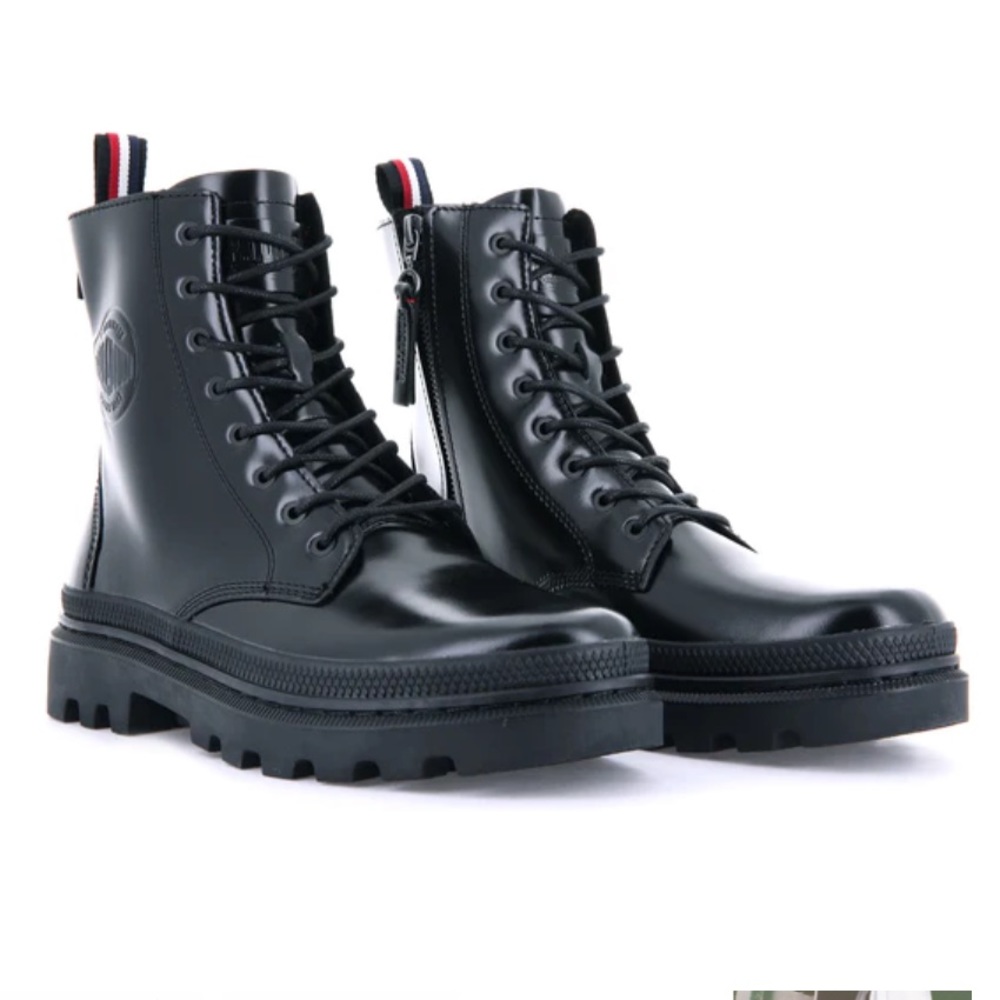 Palladium Black Leather Combat Boots with Red-White-Blue Heel Tabs